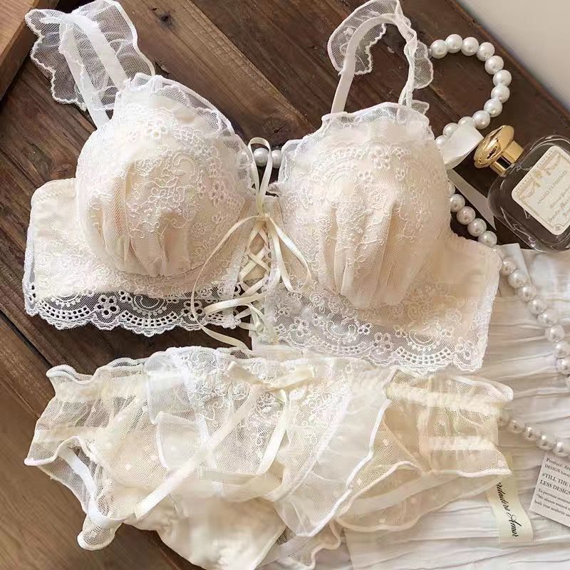 Japanese Sweet Girly Wireless Bra Set, Push Up Anti-Sag Corrective Small Bust Teen Girls Lingerie Set