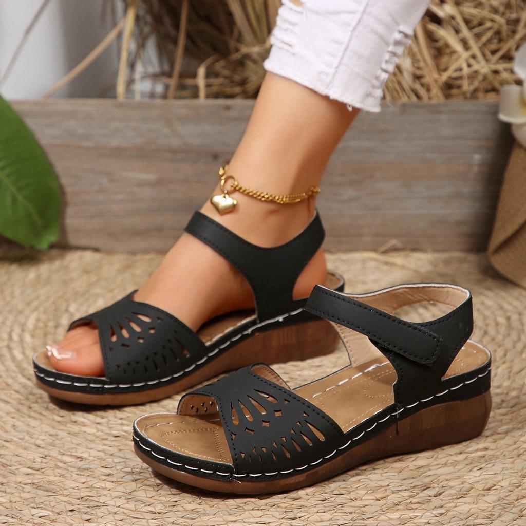 Large size wedge heel sandals summer new hollow flower thick sole one-word buckle with Velcro sandals
