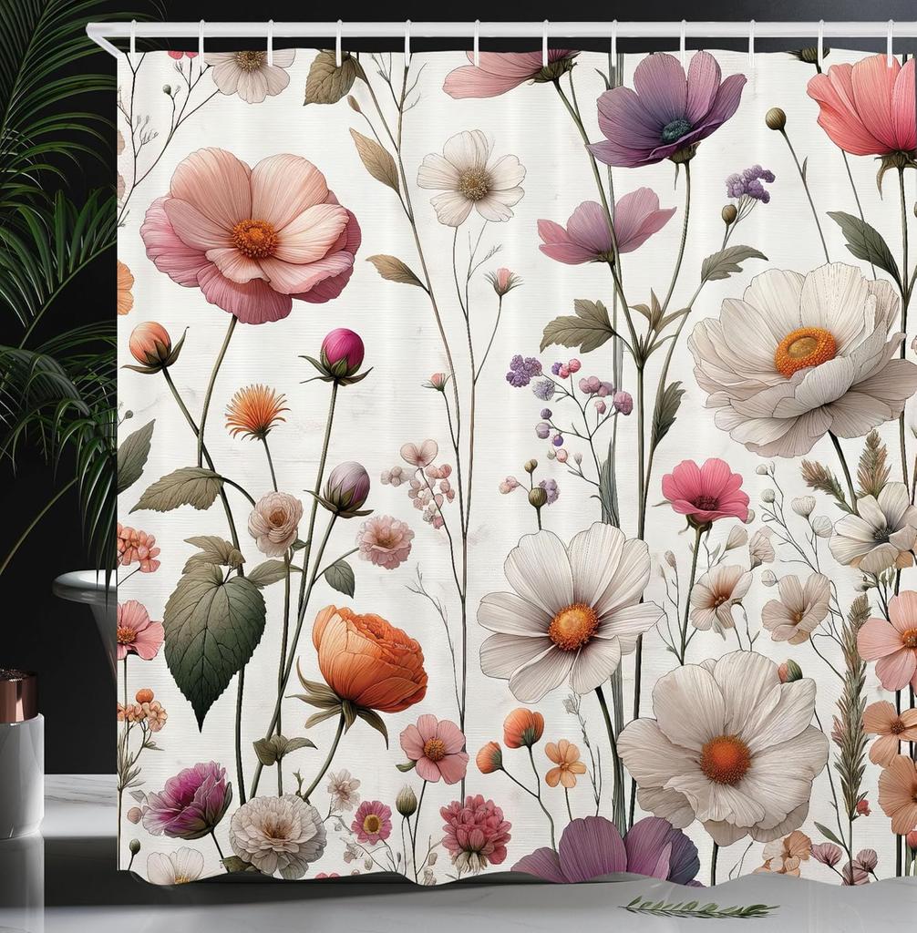 Hippie Shower Curtain, Daisy Look Flowers on Abstract Groovy Style Waves Retro 60s 70s Vibes, Cloth Fabric Bathroom Decor Set