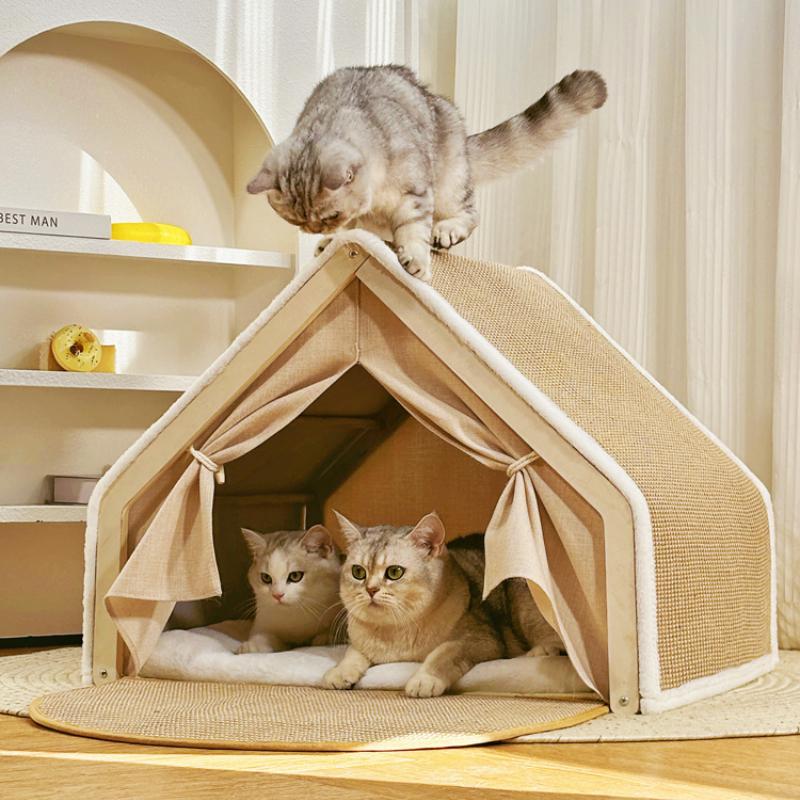 All-Season Cat House with Sisal Scratching Pad Semi-Enclosed Shell Pet Tent Non-Shedding Fleece Sleeping Bag Spacious Cat Villa