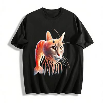 Funny Shrimp Cat Hybrid Graphic Casual Short Sleeve Tee Pure Cotton T-shirt