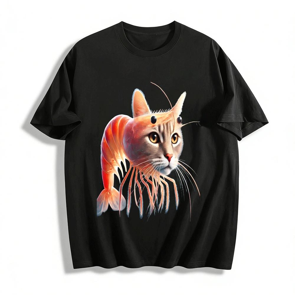 Funny Shrimp Cat Hybrid Graphic Casual Short Sleeve Tee Pure cotton T-shirt XXS