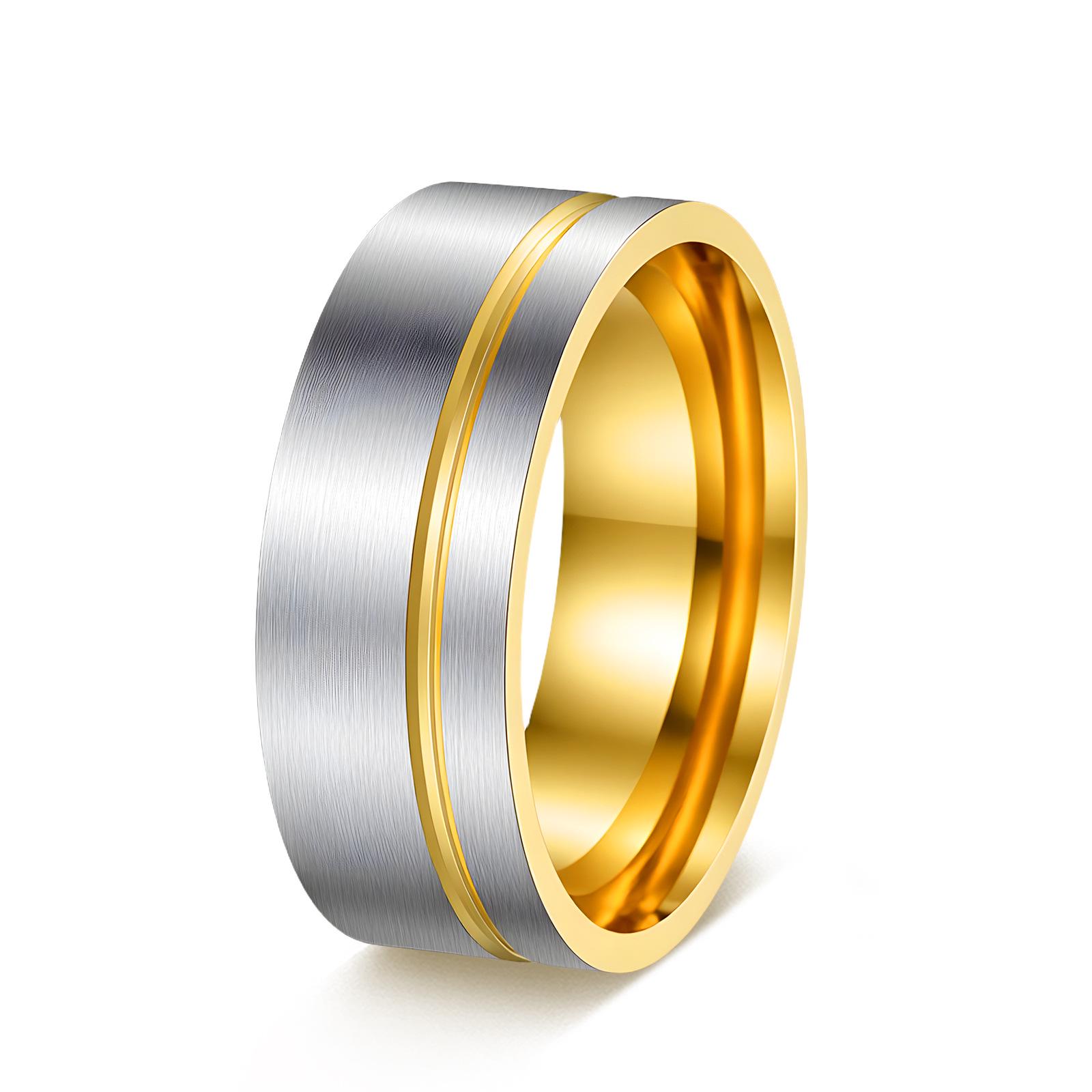 European & American Titanium Steel Couple Rings with Gold-Inlaid Groove and Frosted Finish Size 9