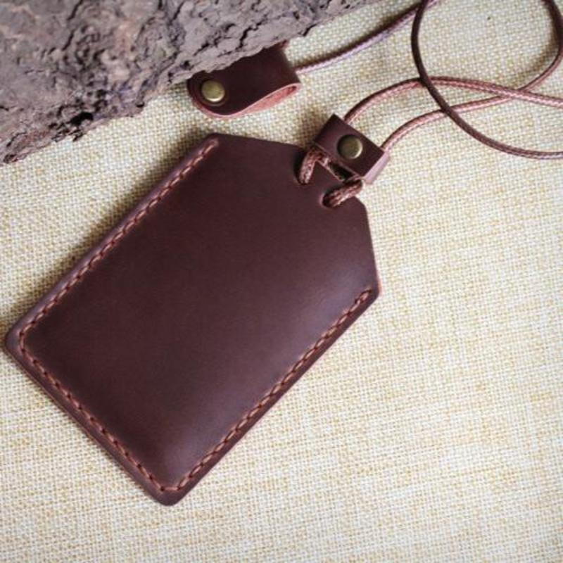 NEW Soft Leather Cowhide ID Badge Holder Name Tag Case with Neck Strap Chest Card Work Pass Meal Card Bus Card Holders Keychain School Office Supplies