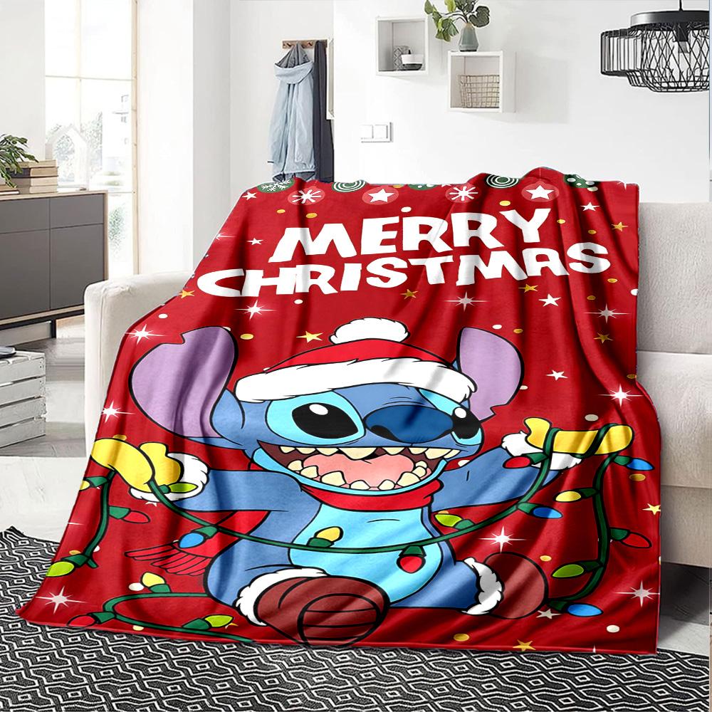 Merry Christmas Stitch Flannel Blanket Super Soft Warm Cozy Blanket for Sofa Bed Office Travel All‑Season Home Decor Gift