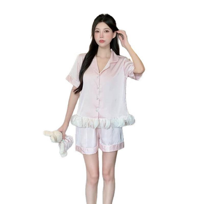Ice silk pajamas women's summer new French ruffle edge high-end short-sleeved shorts thin light luxury loungewear set