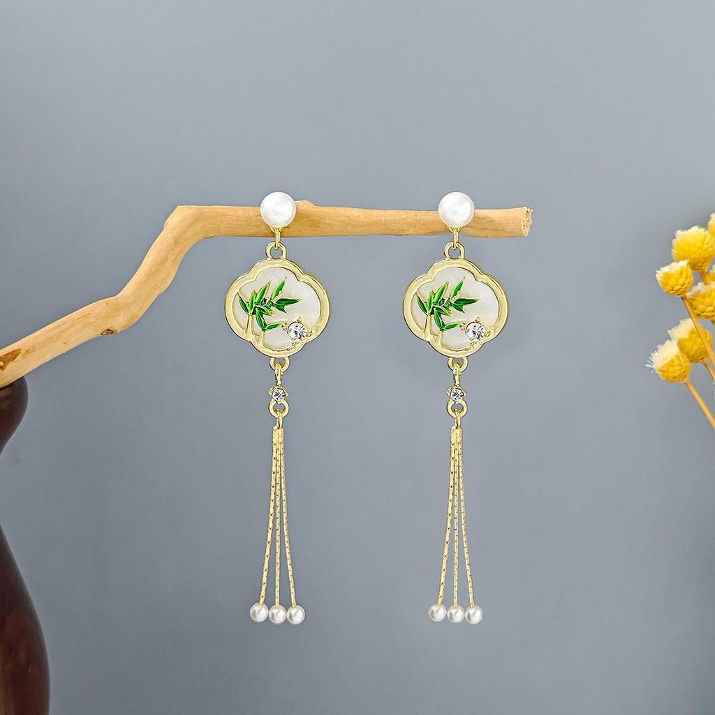 Ancient Chinese Style Beaded Tassel Earrings with Flower Fan and Bowknot