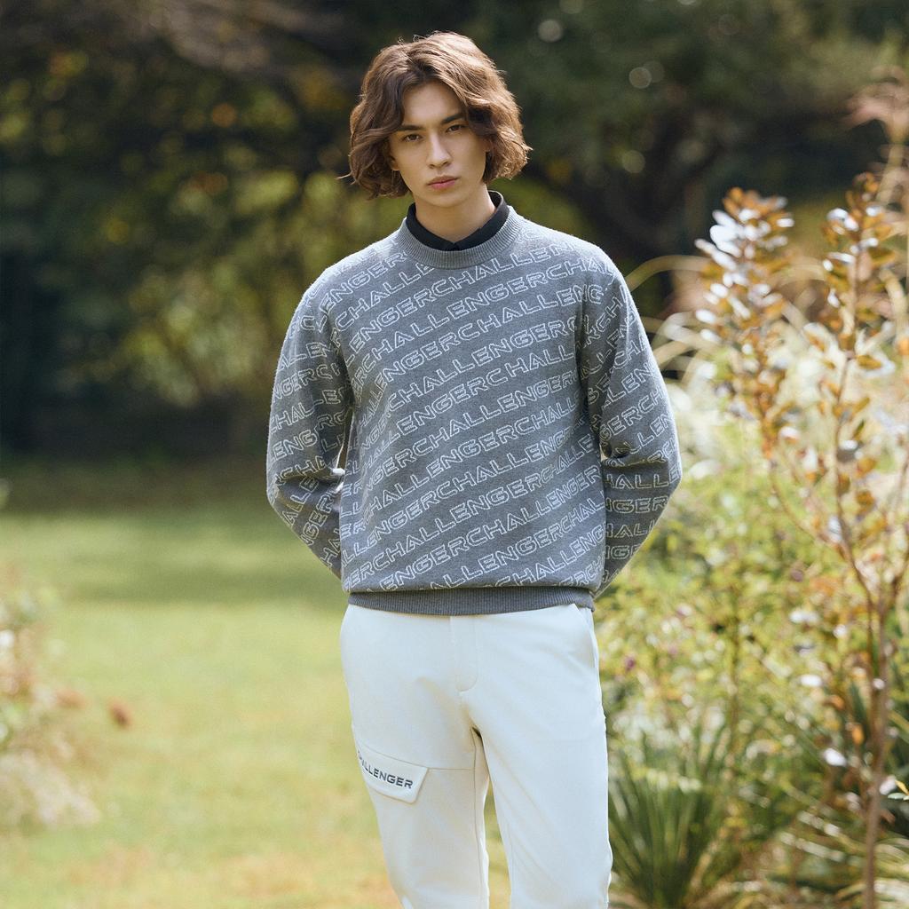 CHALLENGER Men'S Logo Jacquard Round Windproof Knit Pullover Grey