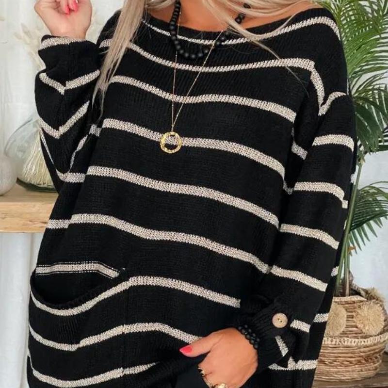 

Женский полосатый свитер оверсайз с круглым вырезом, длинными рукавами, карманом, свободного кроя, вязаный джемпер, повседневные худи S