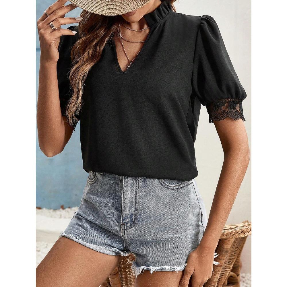 Women's Short-sleeved Tops Summer New Fashion T-shirt Versatile V-neck Shirt Lantern Sleeve Splicing Lace Blouse
