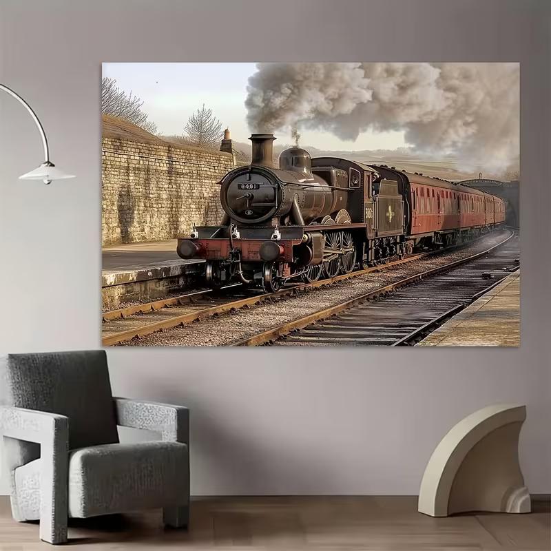 2D Nostalgic Steam Engine Backdrop Vintage Train Station Studio Photography Background