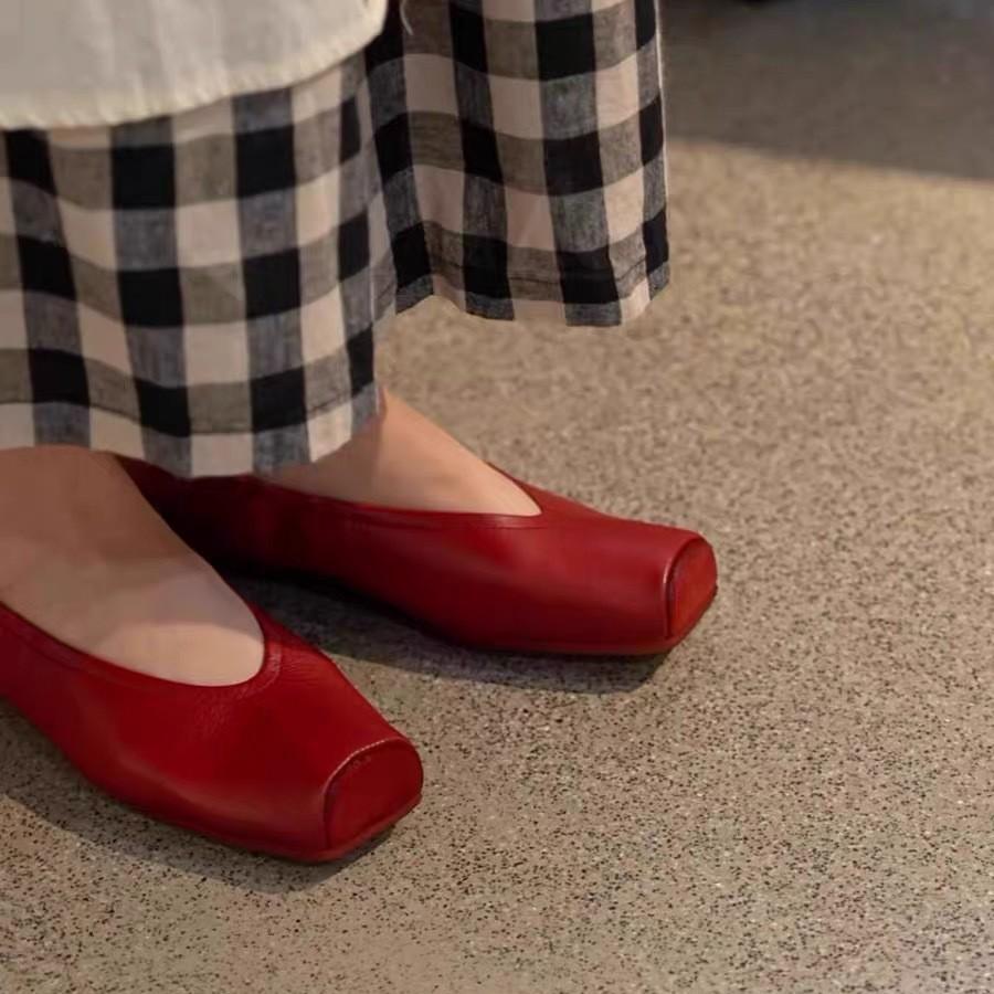 French Square Head Ballet Shoes Women's Leather Flat Bottom Shallow Mouth Grandma Shoes New Mary Jane