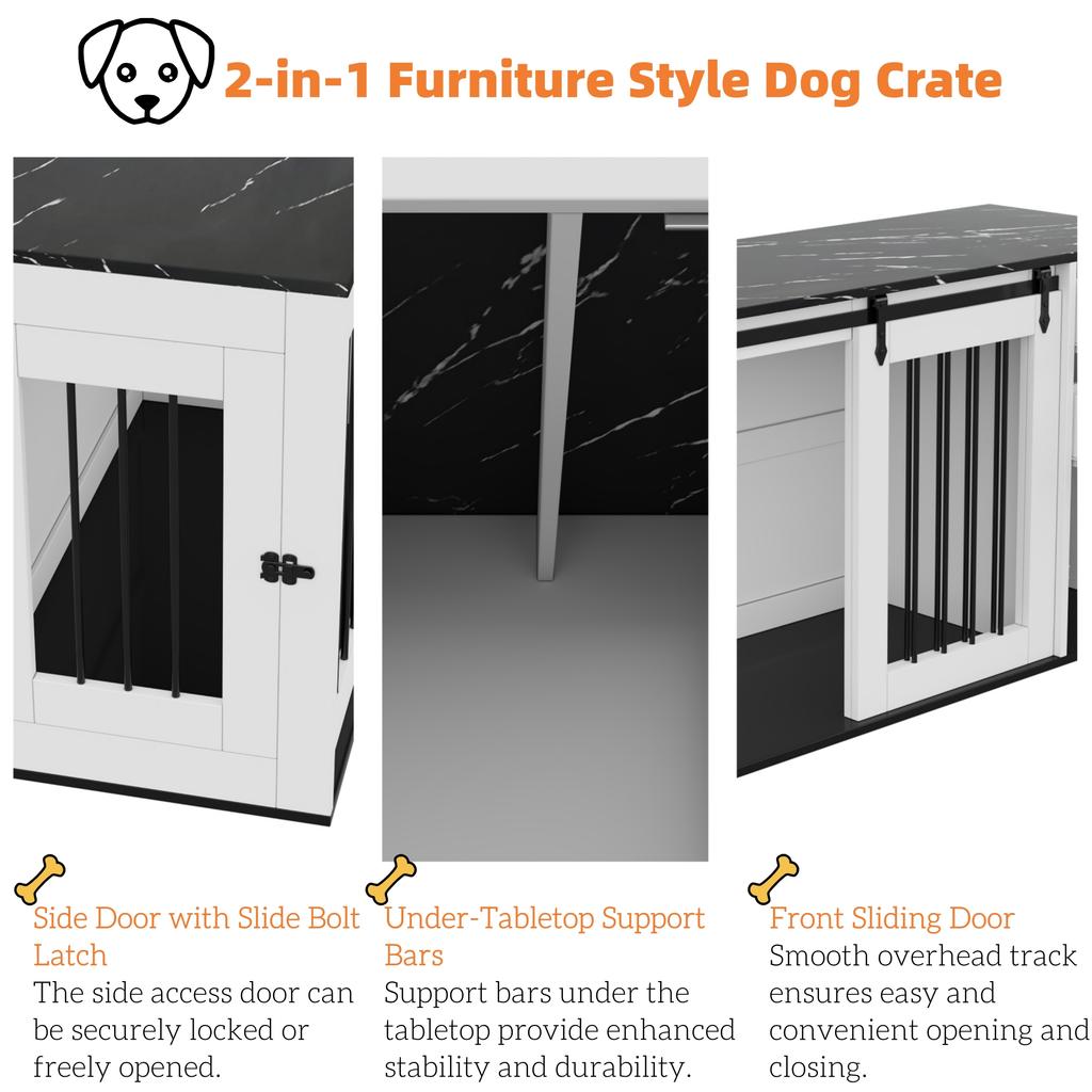 2-in-1 Hundebox, Holz-Metall, als Beistelltisch, für kleine bis mittelgroße Hunde, 140 x 60 x 87 cm, Weiß, Tischplatte mit schwarzer Marmor-Effekt-Folie
