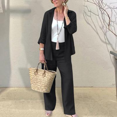 2 pezzi/set da donna, set lungo e largo, con risvolto lungo, monopetto, pantaloni, maniche corte, camicetta, vita alta ed elastica