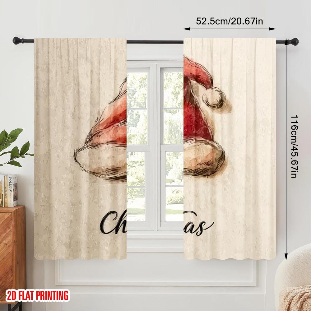 2pcs,2D Plane Printing Curtains&Window Treatment Vintage Santa Hat Polyester (without Rod) Outdoor Decorations Ldeal for Home &
