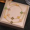 2PCS High-end Inlaid Color Zircon Clover Stainless Steel Bracelet Necklace Set