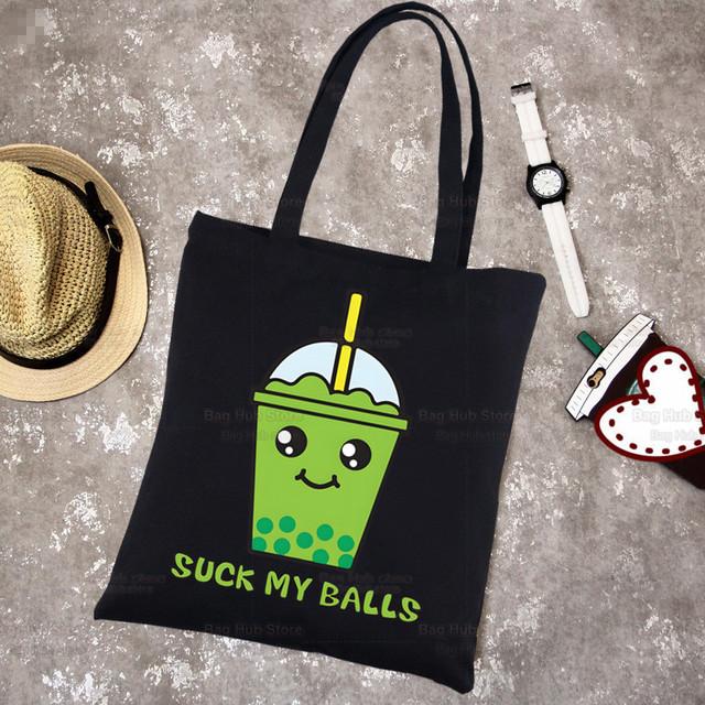 Boba Чай с молоком Холст Черная сумка для покупок с героями мультфильмов Милая большая сумка многоразовая сумка через плечо с пузырьками для чая Тканевая сумка для книг Подарочная сумка 2426cm 648₽