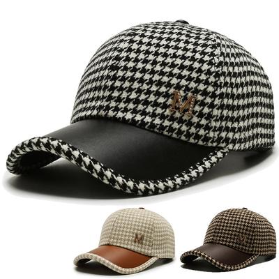 Chapeau en cuir ins coréen à bord pied-de-poule à carreaux M étiquette casquette de canard pour femme automne et hiver casquette de baseball polyvalente mode chapeau de mode