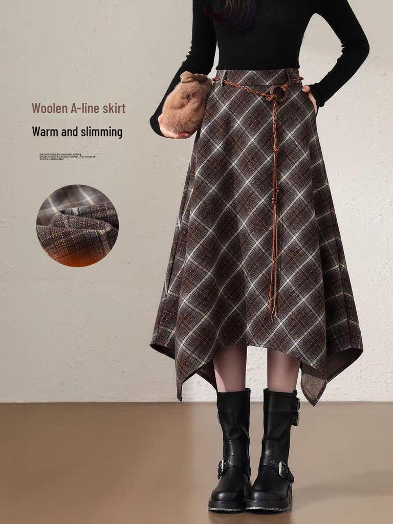 Women's Retro Irregular Plaid Woolen A-line Long Skirt - Autumn/Winter 2025 Collection