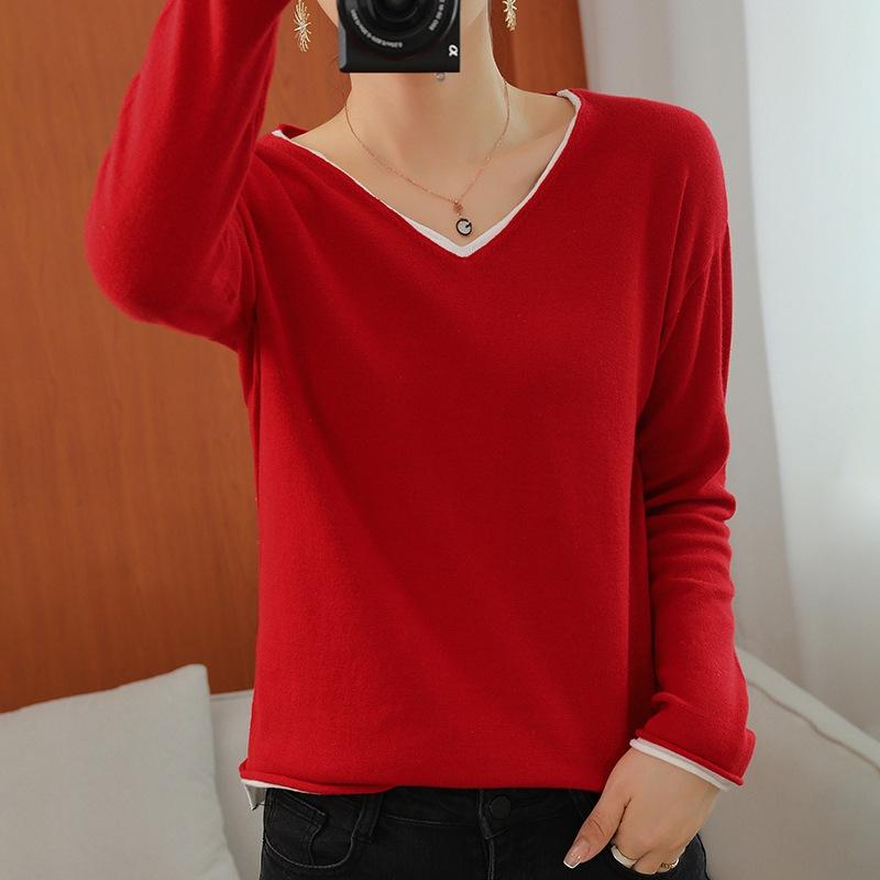 V-neck Cotton Thread Contrast Color Fake Two-piece Sweater Women's Base Shirt Spring and Autumn New Style Loose Knitted Sweater Top
