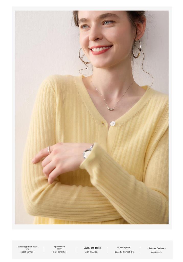 Women's 100% Cashmere V-Neck Ribbed Cardigan - Slimming, Versatile, and Warm Knit Sweater Coat