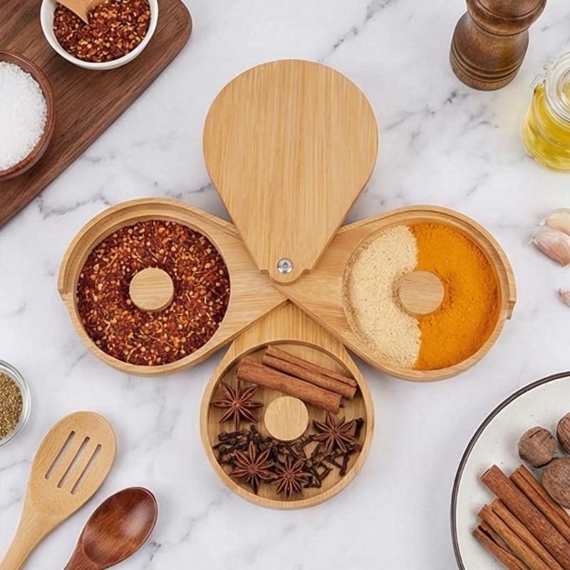 User Friendly Wood Three Layer Rotating Spices Storage Box Saving Counter Space Elegant Solution for Organized Cooking