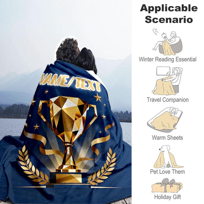 1PC Custom Name Golden Trophy Achievement flannel blanket versatile,all-season throw suitable for the living room,bedroom,camping,travel,and gift