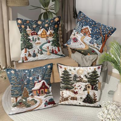 Christmas Snow Pillowcase: Embroidered Dream Cabin and Bright Starry Sky New Year Home Decoration 2d Flat Printing