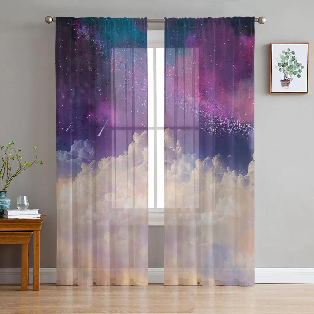 Night Sky Star Moon Sheer Curtains Living Room Window Tulle Curtains For Bedroom Kitchen Home Decoration Voile Drapes