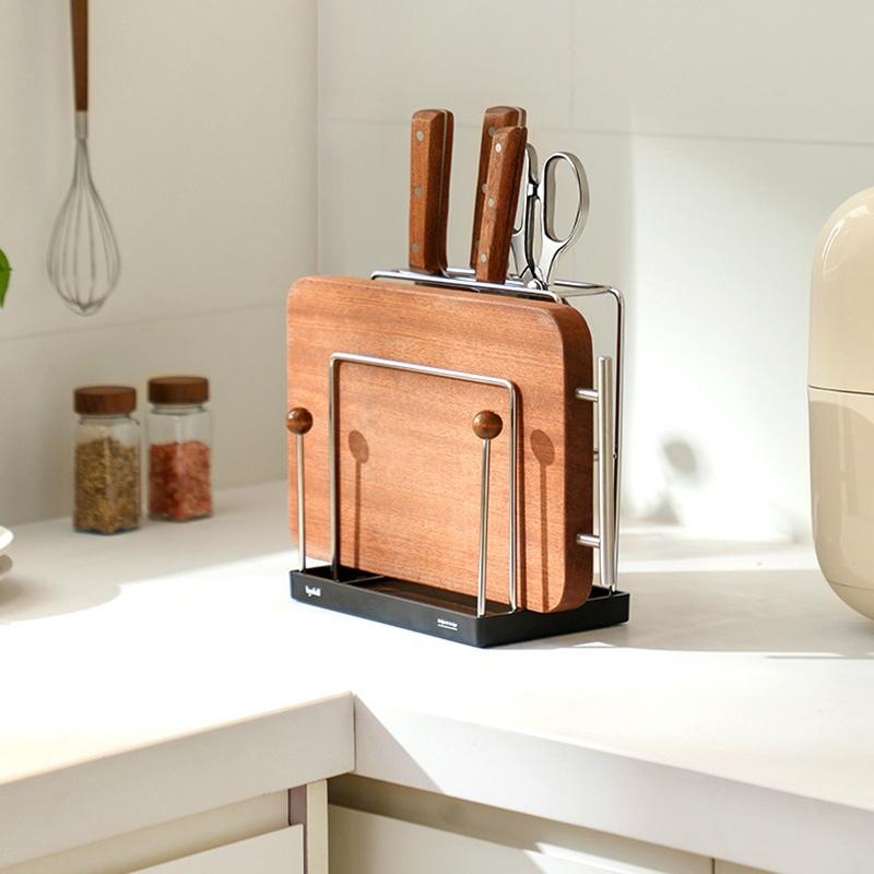 Stainless Steel Knife Holder Multi Function Kitchen Organizer for Knives and Cutting Boards Countertop Storage Rack with Utensil Storage Space