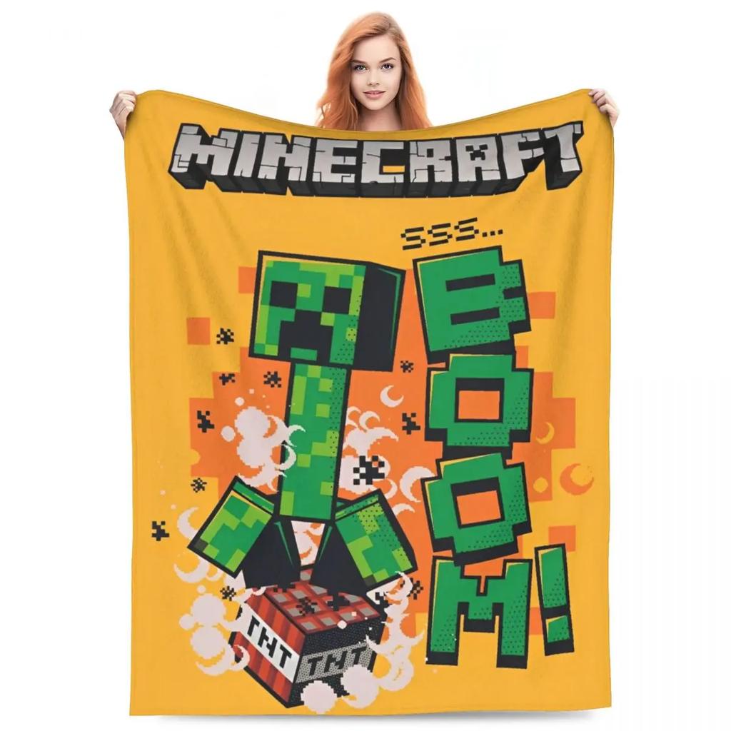Cartoon Mines Pixel Game Crafts Flannel Blanket Super Warm Throw Blanket for Home Decor Decorative Street Trend Bedspread