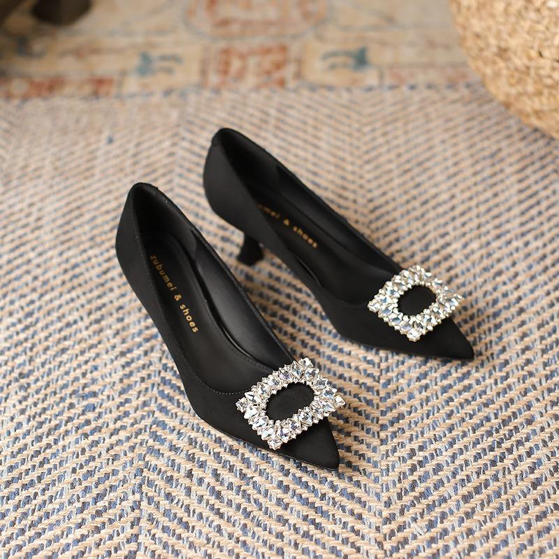 8-Rhinestone square buckle high-heeled single shoes women's autumn new pointed stiletto suede high heels