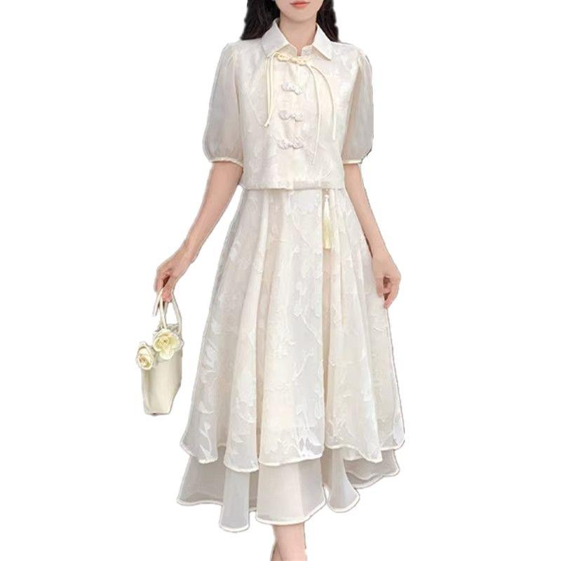 New Chinese Style Frog Button Retro Sweet Cardigan Camisole Dress Set - Plus Size Summer Elegant Dress