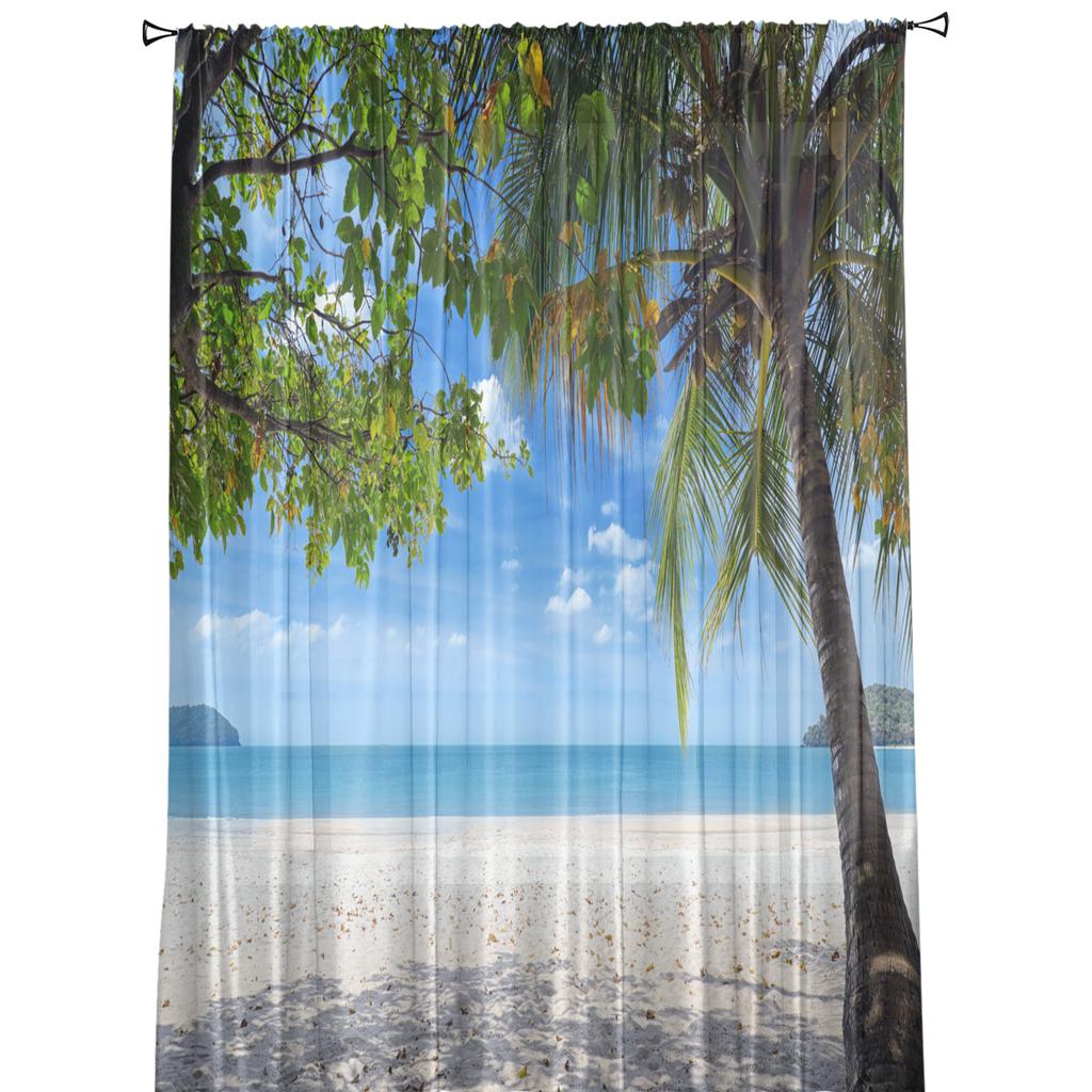 Durchsichtige Vorhänge mit Strand-Tropenpflanzen, Wohnzimmer, Fenster, Tüllvorhänge für Schlafzimmer, Küche, Heimdekoration, Voile-Vorhänge