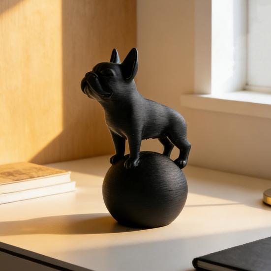 Standing on Ball Bulldog Figurine 3D Printed Black White Dog Statue Sculpture Home Office Desktop Decoration Ornament