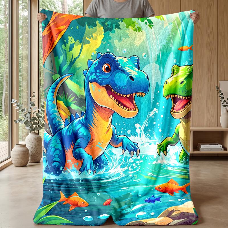 Dinosaur Adventure In Volcanic Land Blanket Personalized Name Flannel Blanket Soft Cozy Plush Throw for Sofa Bed Lightweight Home Decor