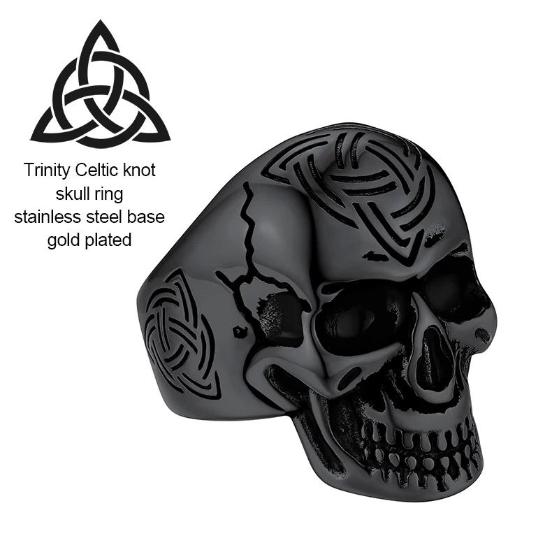 U7 Stainless Steel Big Skull Rings for Man Woman Size 7-14 Cross 3D Skeleton Cuban Chain Celtic Knot Pattern Gothic Punk Jewelry