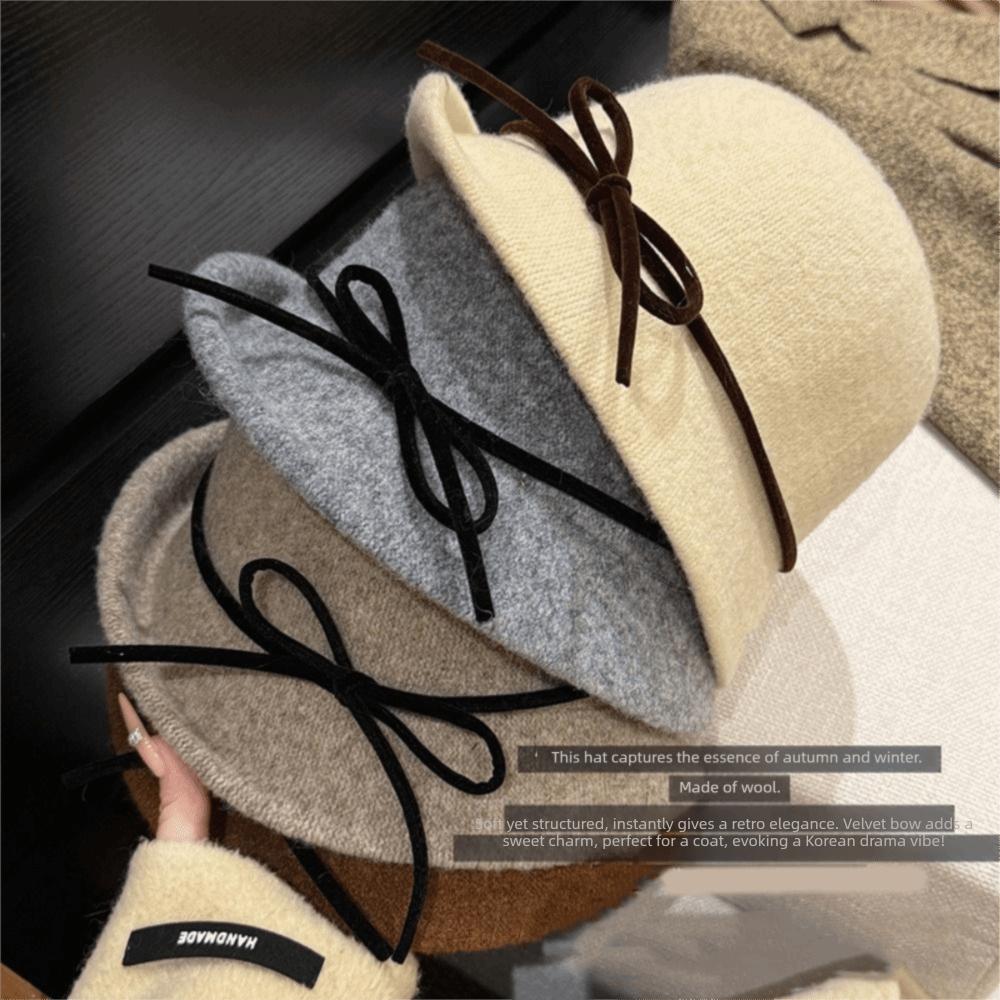 Elegant Woolen Bucket Hat Bowknot Wool Fisherman Hat Retro Hepburn Style Topper Hat Outdoor