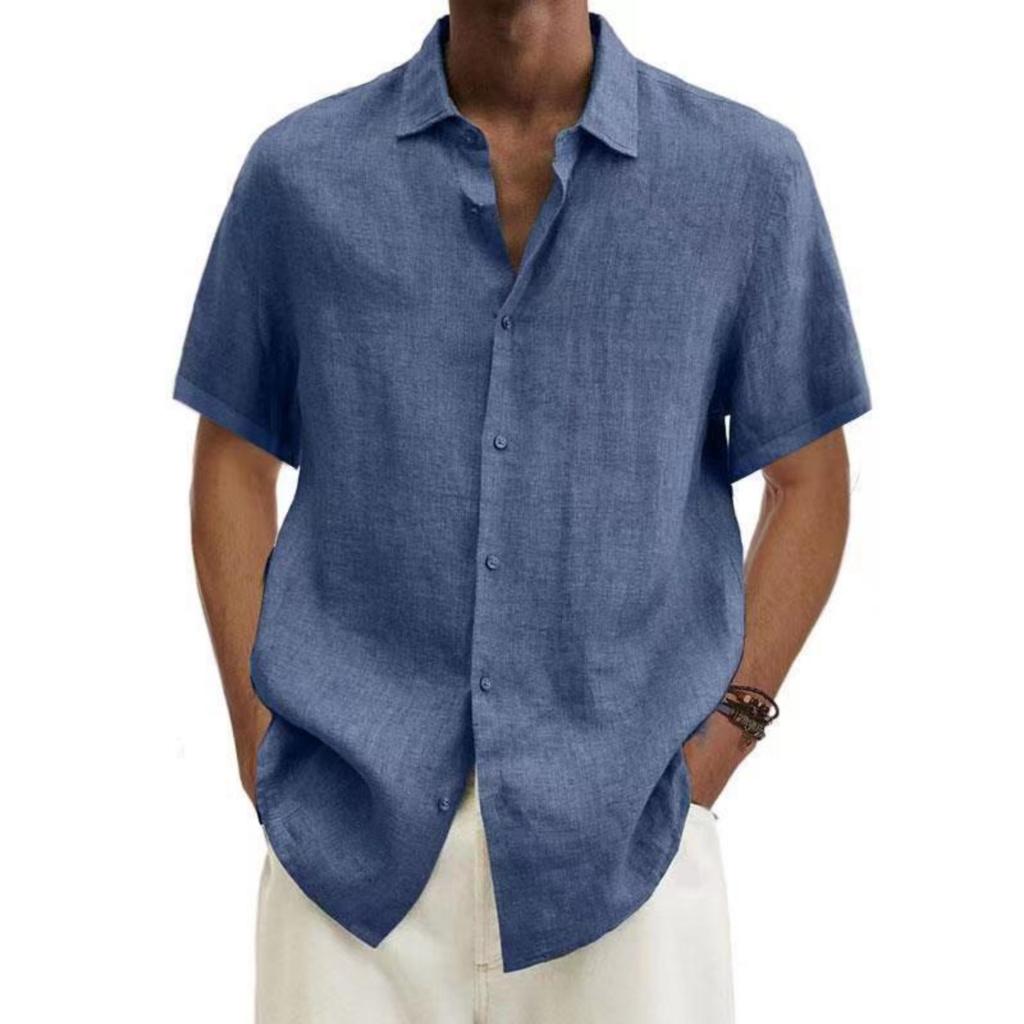 Men's Casual And Fashionable ,color Lapel Button Cardigan, Cotton And Linen Men's Short,sleeved Top