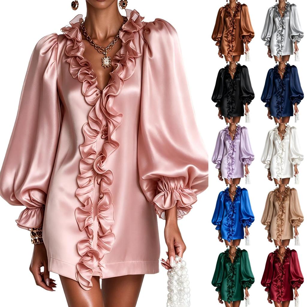 Damen Deep V-Ausschnitt Rüschenkragen Puffärmel Glänzendes Chiffon Kurzes Kleid für Elegante Anlässe