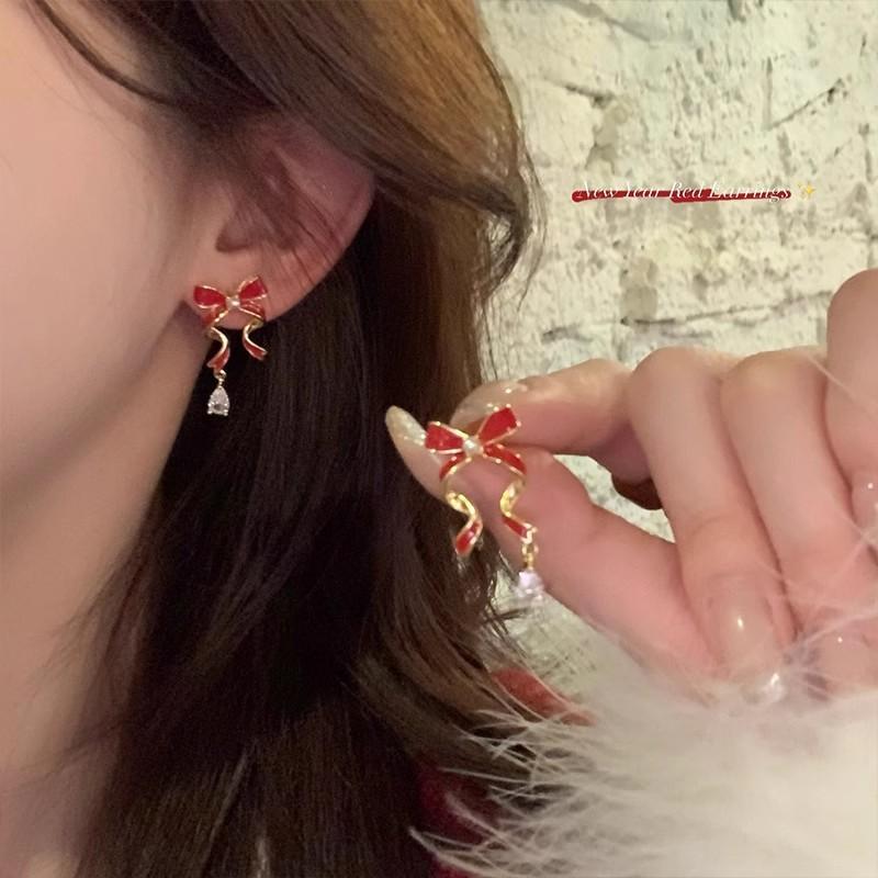 S111 Silver Needle Versatile Gentle Bow Earrings Female French Retro Red Oil Drip Ribbon Earrings Temperament Earrings
