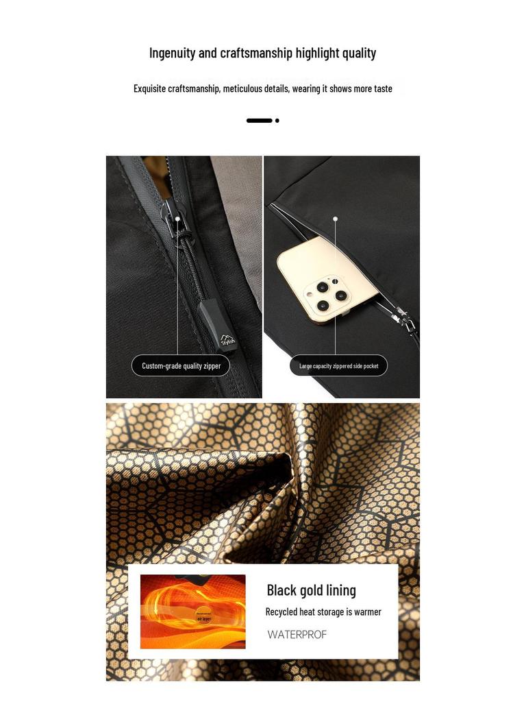 Men's Black Gold Fleece-Lined Hooded Winter Jacket - Thick Warm Cotton Parka for Middle-Aged Dads