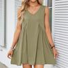 Women's Fashion Solid Colour V-Neck Sleeveless Pleated Vest Pocket Dresses