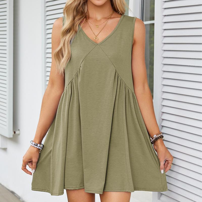 Women's Fashion Solid Colour V-Neck Sleeveless Pleated Vest Pocket Dresses