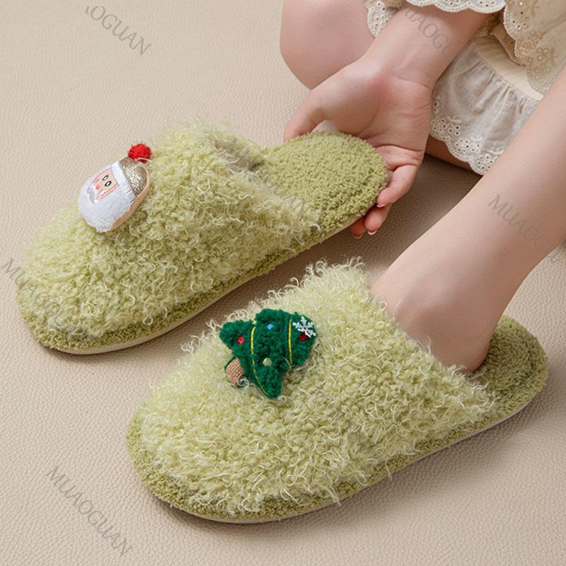 Fashion Women's Christmas Baotou Plush Slippers Women 2025 Autumn Winter New Indoor Cute Flat Bottom Comfortable Soft Sole Home Shoes
