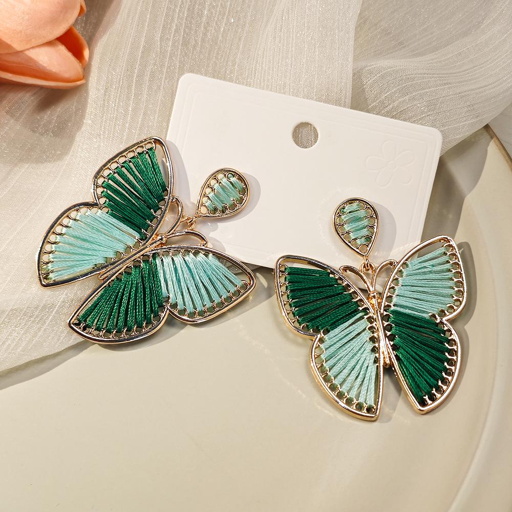 Bohemian Ethnic Cotton Thread Color Block Butterfly Earrings for Women