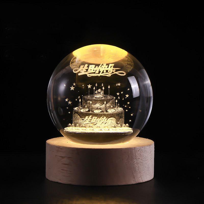 8cm Crystal Ball Night Light Galaxy 3D Laser Engraved Ornament Wooden Galaxy Night Lamp