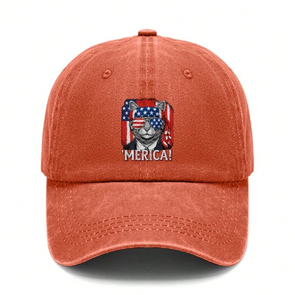 [USA Themed Baseball Cap] 'merica! Cat Graphic Print Polyester Unisex Adjustable Curved Brim Vintage Washed Baseball Hat For Festivals, Summer