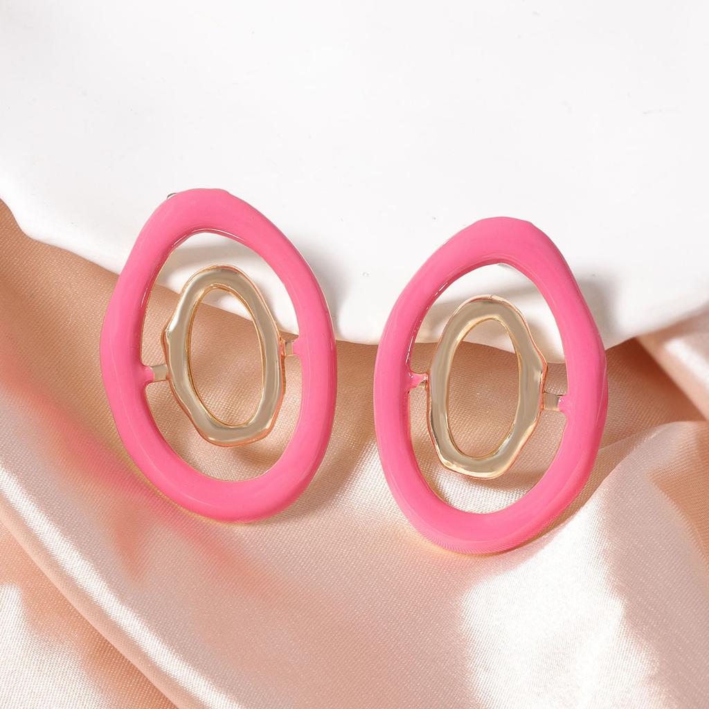 Korean version of dopamine color hollow geometric creative design sense round alloy stud earrings daily commuting