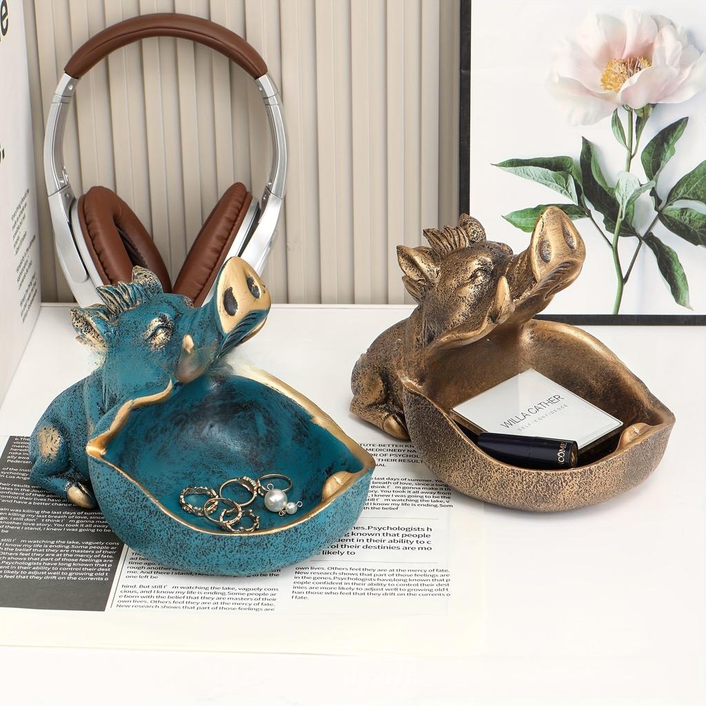 Large Wild Boar Statue Remote Control Storage Tray, Entryway Organizer with Shelf, Scandinavian Hippo Desk Decorative Box for Keys and Trinkets